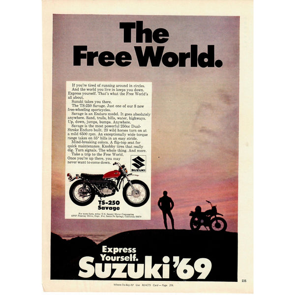 Vintage Magazine Ad 1960's Suzuki 69 Motorcycle Original Magazine Advertisement