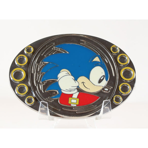 Sonic The Hedgehog Silver Coin Spinning Metal Buckle Enamel Inlay 4" x 2.75"