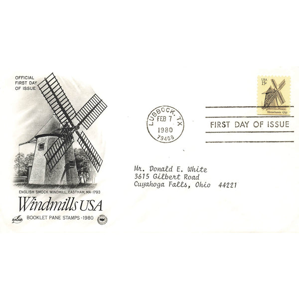 First Day Cover Windmills USA English Smock Windmill Lubbock TX Feb 7 1980