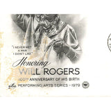 First Day Cover Will Rogers 100th Anniversary Of HIs Birth Claremore OK Nov 4 1979