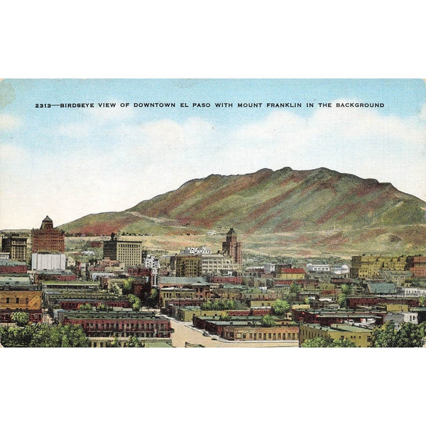 Postcard Birdseye View Downtown El Paso With Mount Franklin In The Background, 2313 Vintage Chrome Unposted 1939-1970s