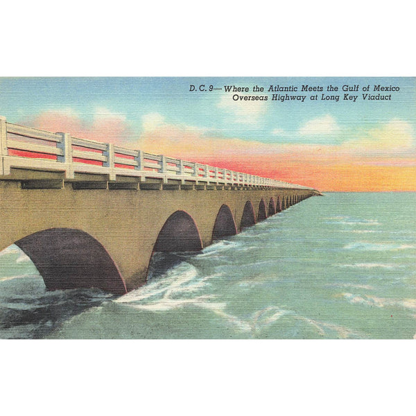 Postcard Overseas Highway at Long Key Viaduct Vintage Linen Unposted 1930-1950