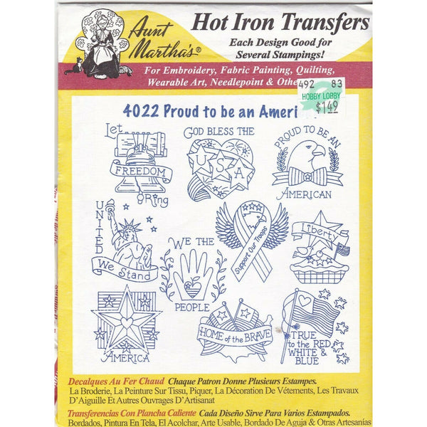 Aunt Martha's Hot Iron Transfers, Proud To Be An American 4022