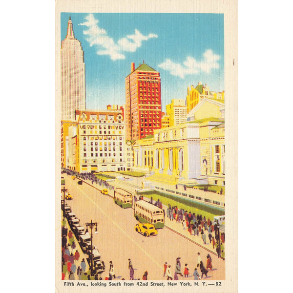 Postcard Fifth Ave., Looking South from 42nd Street, New York, N.Y. Linen Unposted 1930-1950