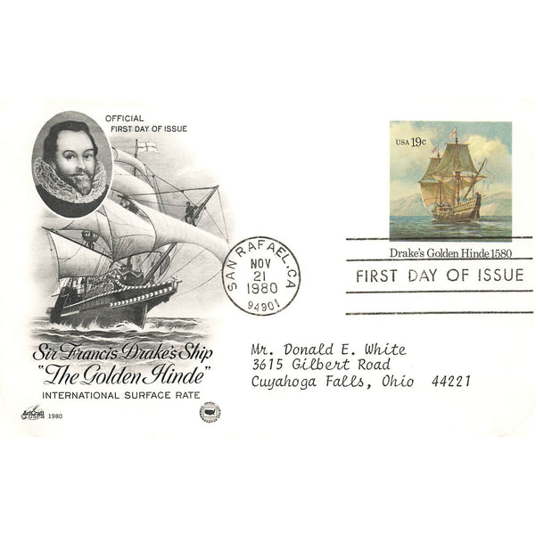 First Day Cover Postcard Sir Francis Drake's Ship The Golden Hinde Nov 21 1980