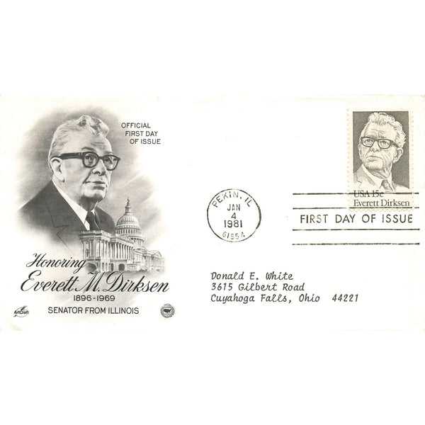 First Day Cover Honoring Everett M Dirksen Senator Illinois Pekin IL Jan 4 1981