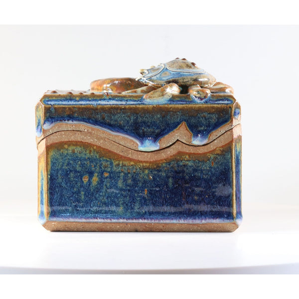 Art Pottery Box Lidded Jar Figural Crab Blue Glazed Signed HEAVY Handmade