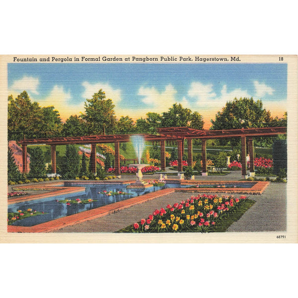 Postcard Fountain and Pergola In Formal Garden at Pangborn Public Park Hagerstown Md Linen Unposted 1930-1950