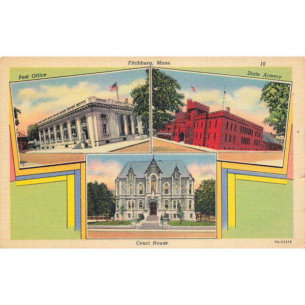 Postcard Fitchburg, Mass. Post Office, State Armory and Court House White Border Unposted 1917-1929