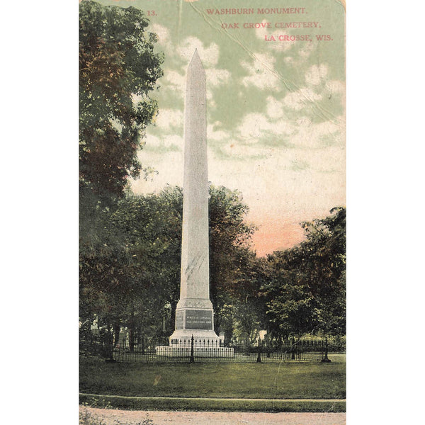Postcard Washburn Monument, Oak Grove Cemetery, La Crosse, Wis. Vintage Divided Back Posted 1908