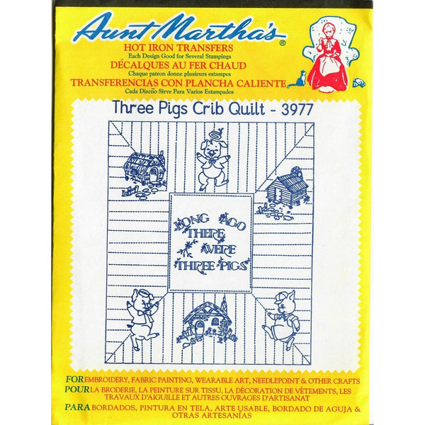 Vintage Aunt Martha's Hot Iron Transfer Three Pigs Crib Quilt 3977 Embroidery Pattern