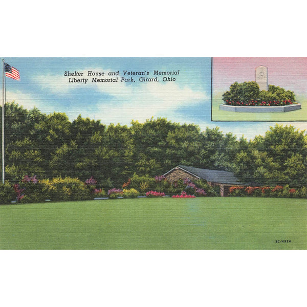 Postcard Shelter House and Veteran's Memorial Liberty Memorial Park, Girard Ohio Linen 1930-1950