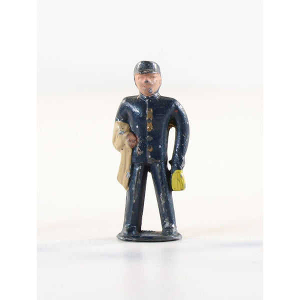 Barclay Manoil Train Conductor Carrying Bag & Coat Lead Figure 1950s Vintage Lead Toy 1.75" Tall