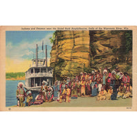 Postcard Indians and Steamer, Stand Rock Amphitheatre, Dells of Wisconsin River Linen Posted 1930-1950