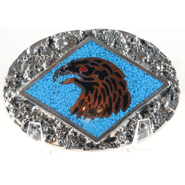 Belt Buckle Brown Eagle with Coral Set in Turquoise Solid Metal Buckle USA