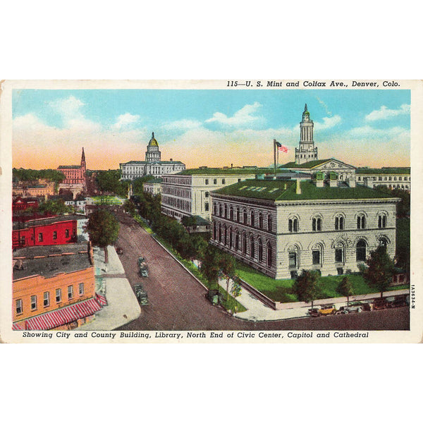 Postcard Denver, Colo. U.S. Mint and Colfax Ave., Showing City and County Building, Library Vintage White Border Unposted 1917-1929
