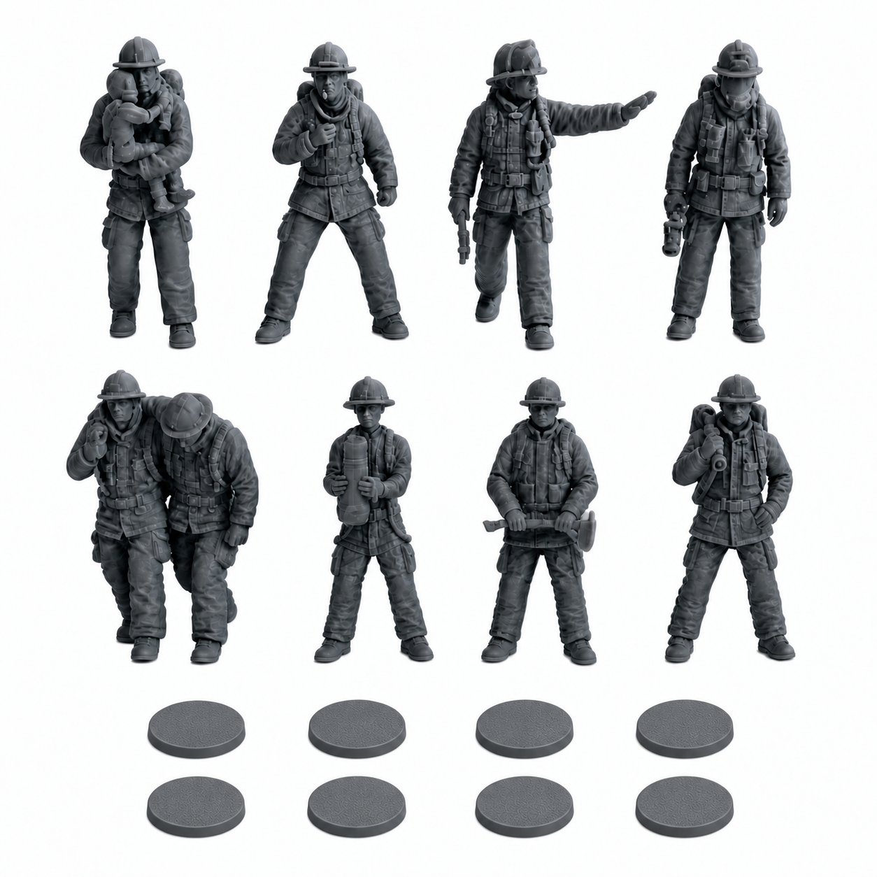 Winter Park Collectibles 42mm Firefighter Figures – 8-Piece Unpainted Resin Set with Separate Bases