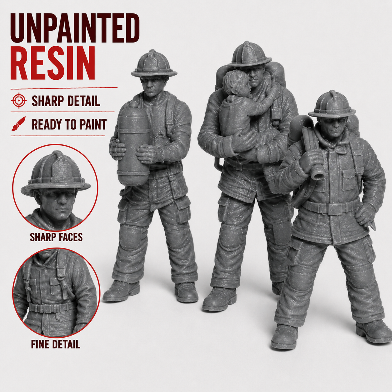 Winter Park Collectibles 42mm Firefighter Figures – 8-Piece Unpainted Resin Set with Separate Bases - Image 8