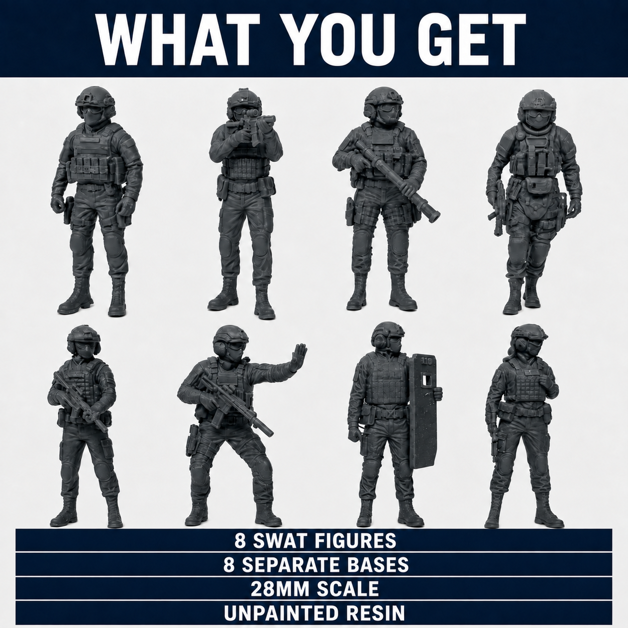28mm SWAT Figures – 8 Piece Unpainted Resin Set with Separate Bases - Image 2