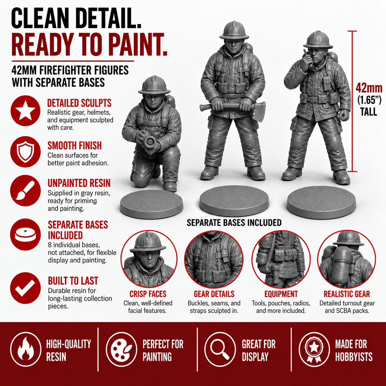 Winter Park Collectibles 42mm Firefighter Figures – 8-Piece Unpainted Resin Set with Separate Bases - Image 9