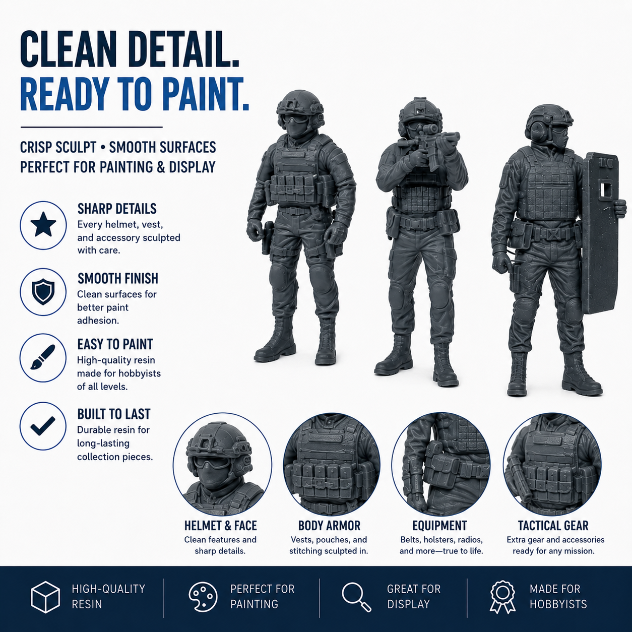 28mm SWAT Figures – 8 Piece Unpainted Resin Set with Separate Bases - Image 6