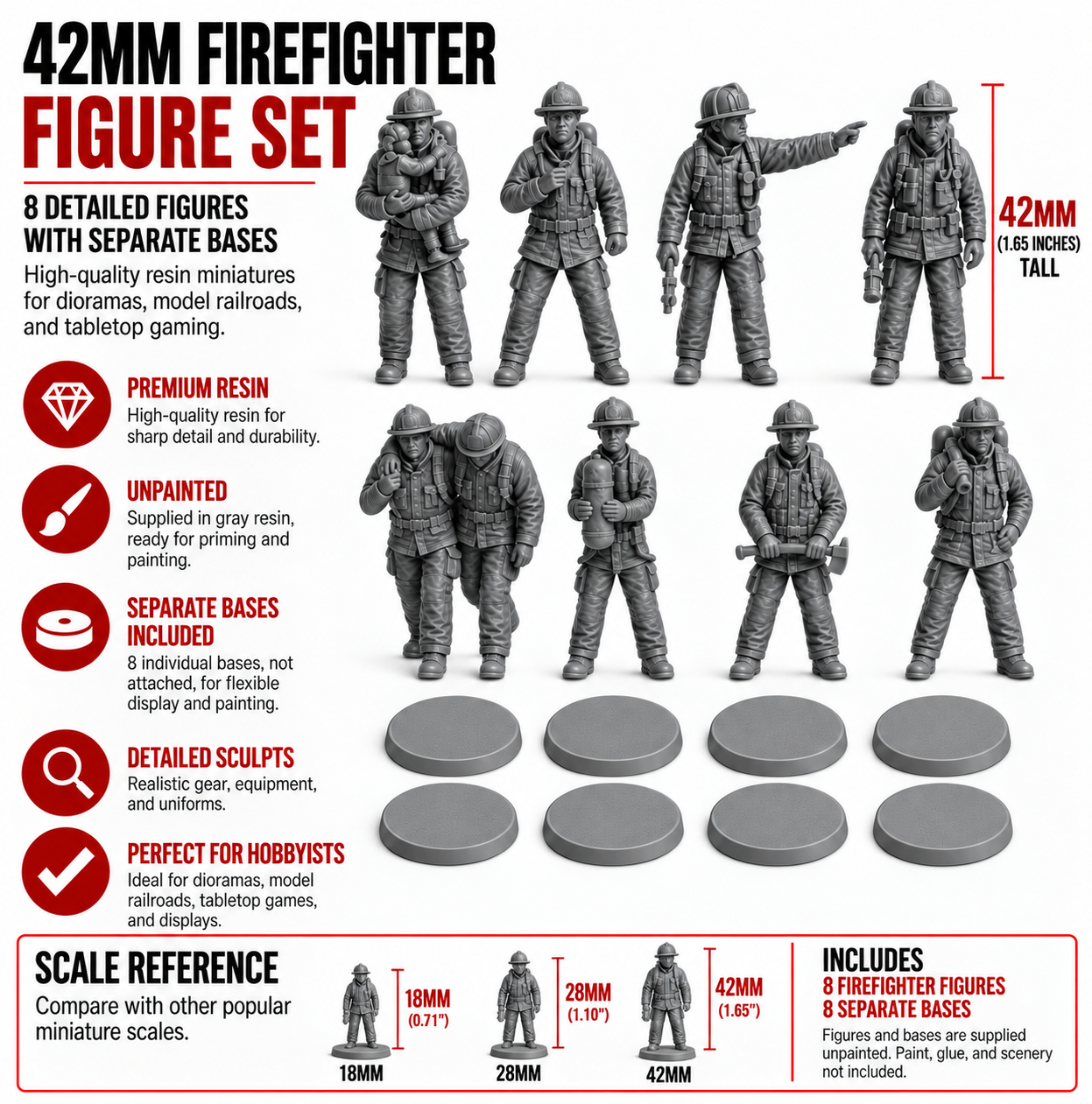 Winter Park Collectibles 42mm Firefighter Figures – 8-Piece Unpainted Resin Set with Separate Bases - Image 10