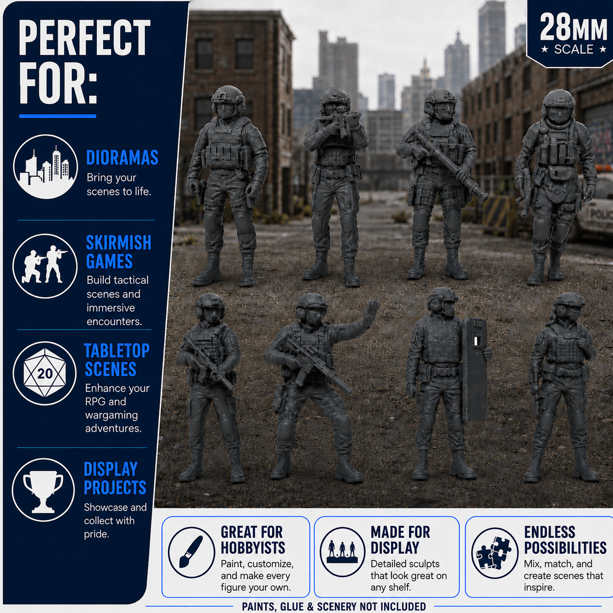 28mm SWAT Figures – 8 Piece Unpainted Resin Set with Separate Bases - Image 9
