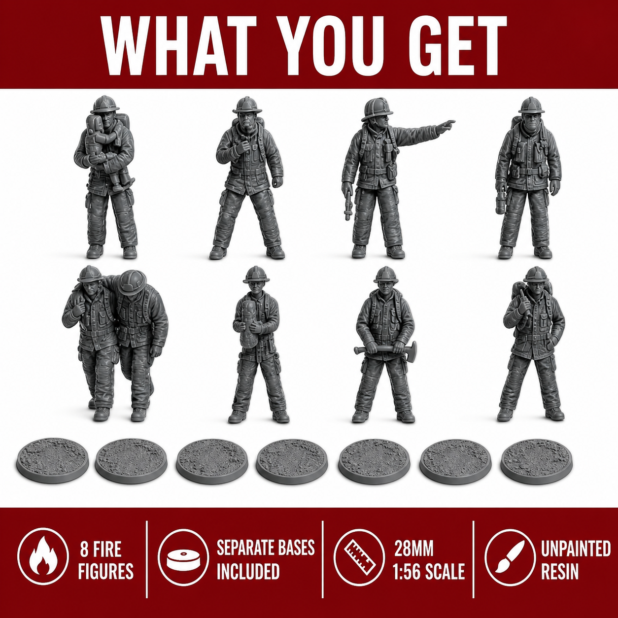 Winter Park Collectibles 42mm Firefighter Figures – 8-Piece Unpainted Resin Set with Separate Bases - Image 4