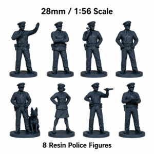 Eight unpainted 28mm police resin figures with attached bases