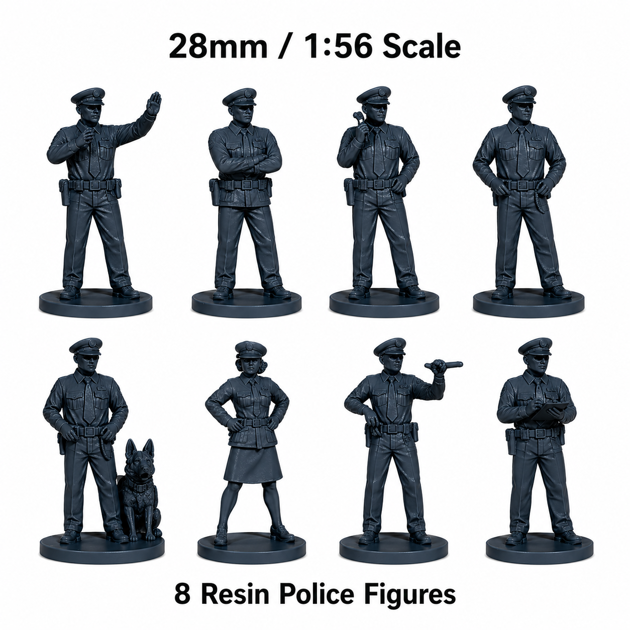 Eight unpainted 28mm police resin figures with attached bases